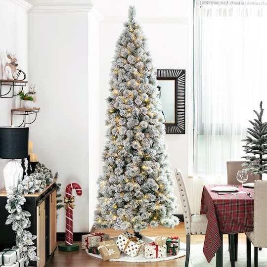 9ft. Pre-Lit Flocked Pine Pencil Artificial Christmas Tree, Warm White LED Lights